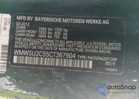 2012 Mini Cooper из США, поврежденный, VIN WMWSU3C55CT367904